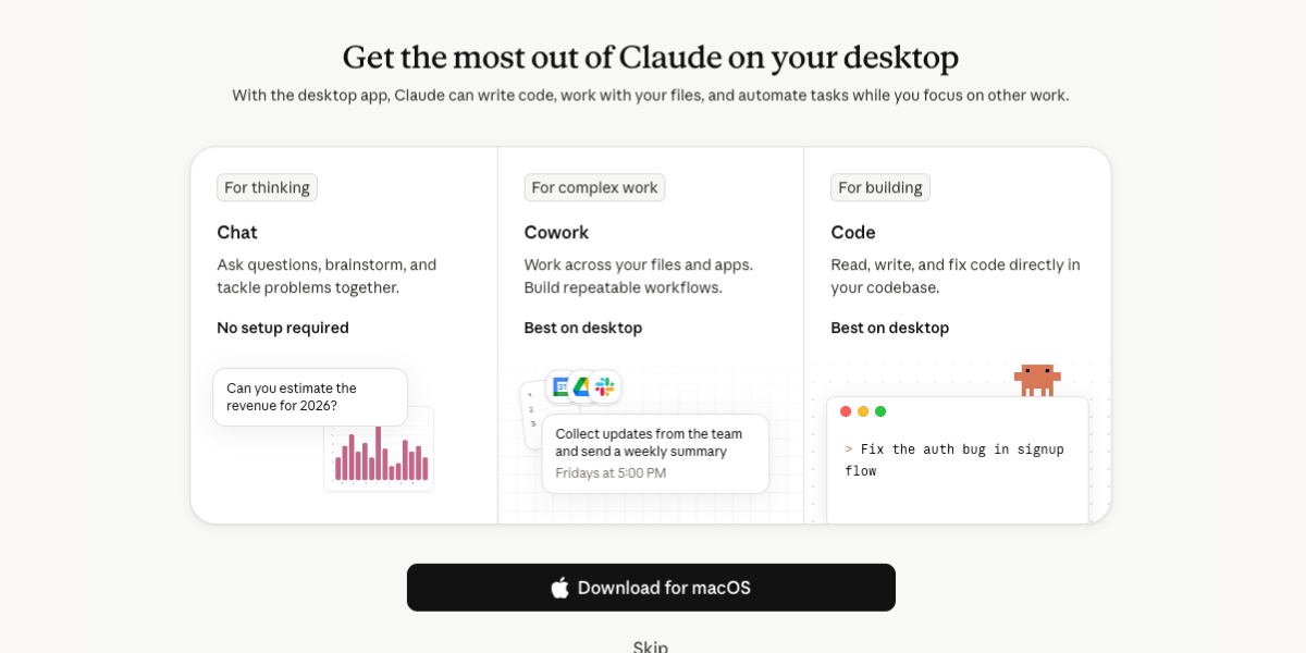 Same app, three tabs: Chat for thinking, Cowork for complex work, Code for building.